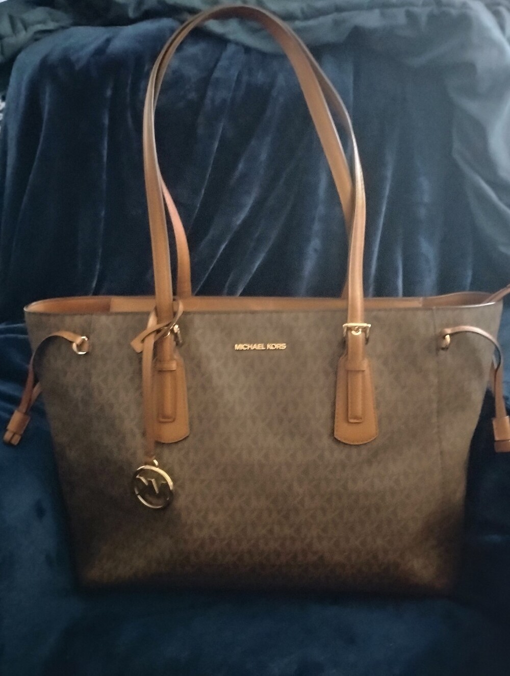 MICHAEL KORS Brown/ Tan Signature MK Tote with Gold Hardware